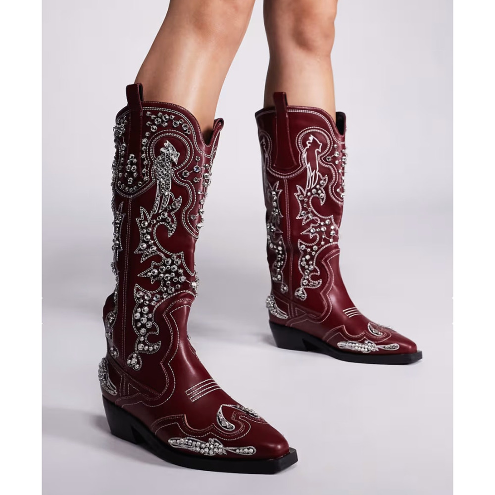 Azalea Wang Maisie Embellished Western Boot Red Faux Leather 8 NWOB Crystals